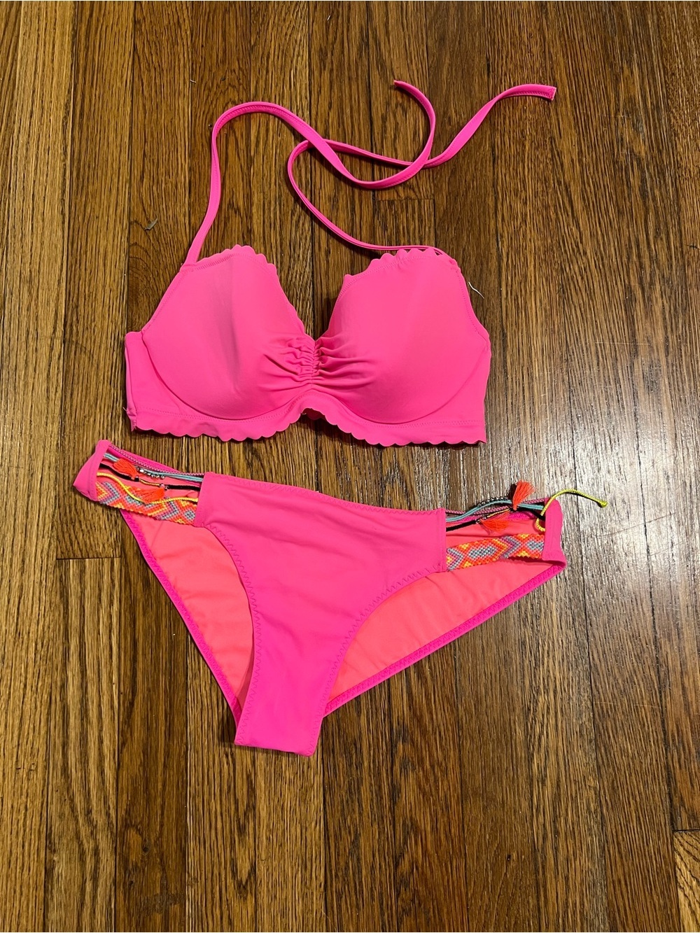 Victoria's Secret Hot Pink Halter Bikini with Multicolor Side Ties - Picture 2 of 12